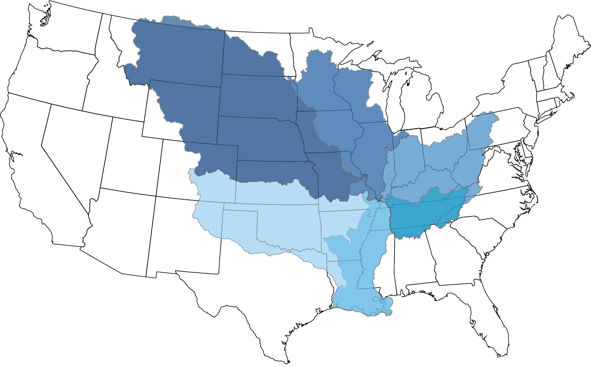 A map of the United States with various shades of blue representing 6 sub-basins in the central and eastern U.S.