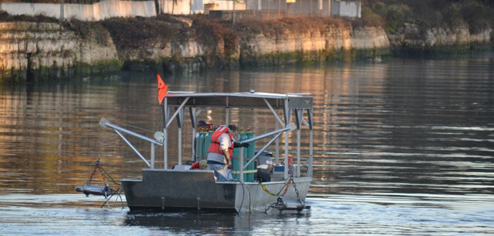 Barrier maintenance and fish suppression work. Photo by USACE